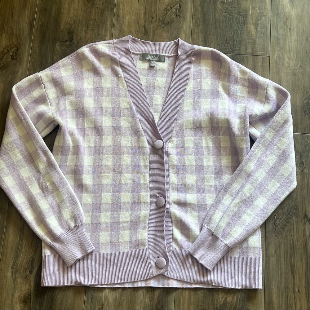 Marled Purple Cardigan with Classic V-Neck and gingham Pattern